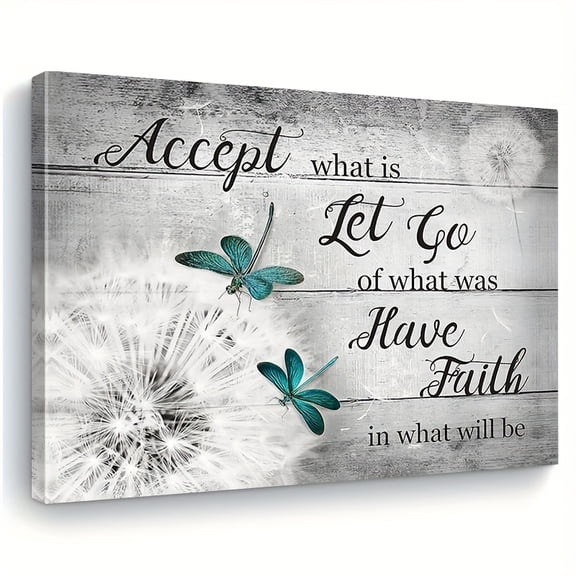 2D Flat Framed Black And White Dandelion with Teal Dragonfly Images, Featuring Inspirational Quotes on Canvas Prints, Modern Art Pieces for Home Decor Suitable for Bathrooms, Bedrooms,
