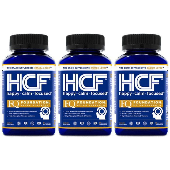 HCF Happy, Calm & Focused - Brain Focus, Attention, Concentration & Mood Supplement - FQ Foundation Amino Acids, Vitamins & Minerals. (3-Pack)