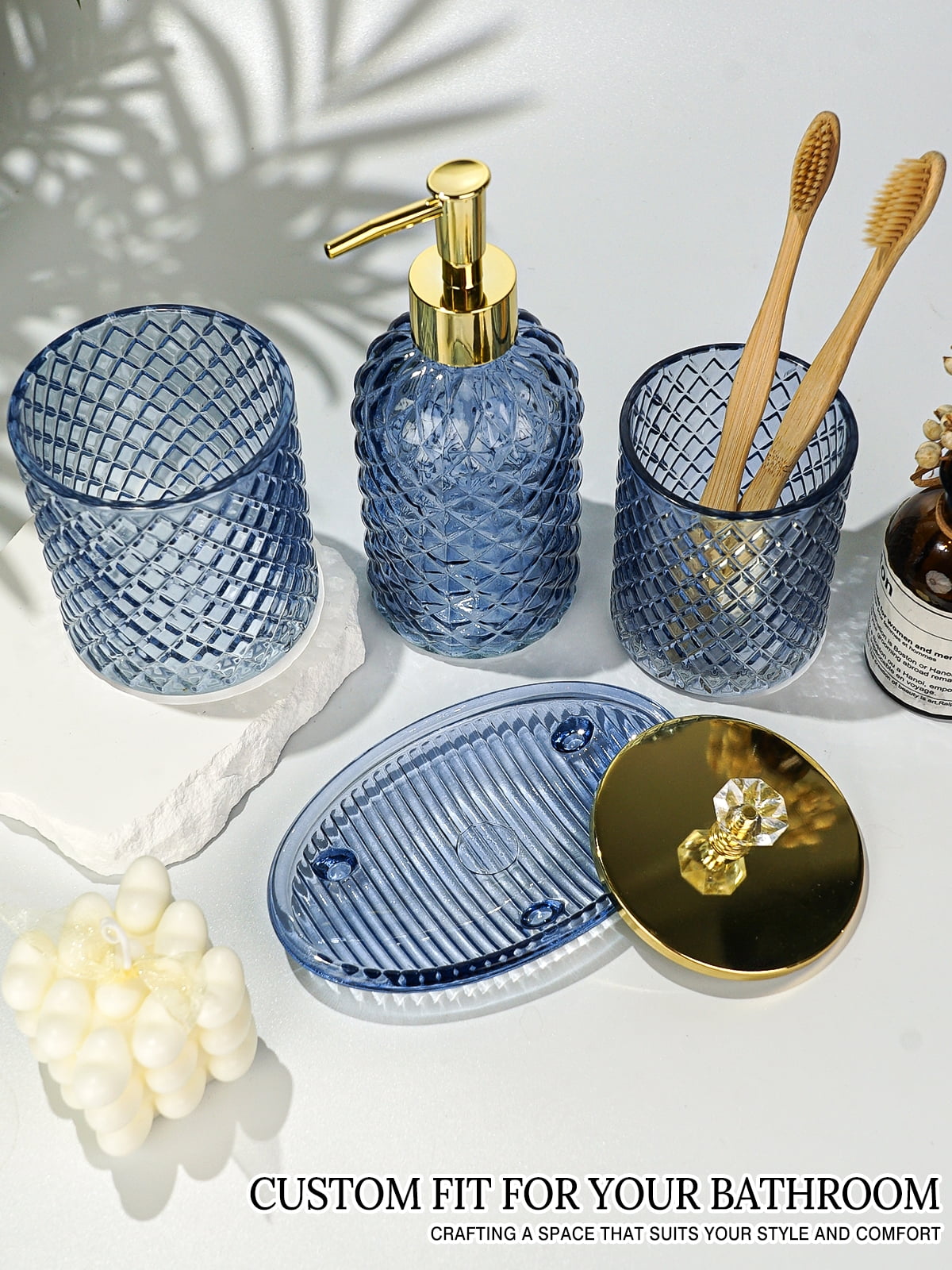 Cirhy Blue Bathroom Accessories Set, 4PCS Glass Bathroom Accessory Set with Lotion Soap Dispenser, Toothbrush Holder, Qtip Holder & Soap Dish, Modern Bathroom Decor for Home Apartment