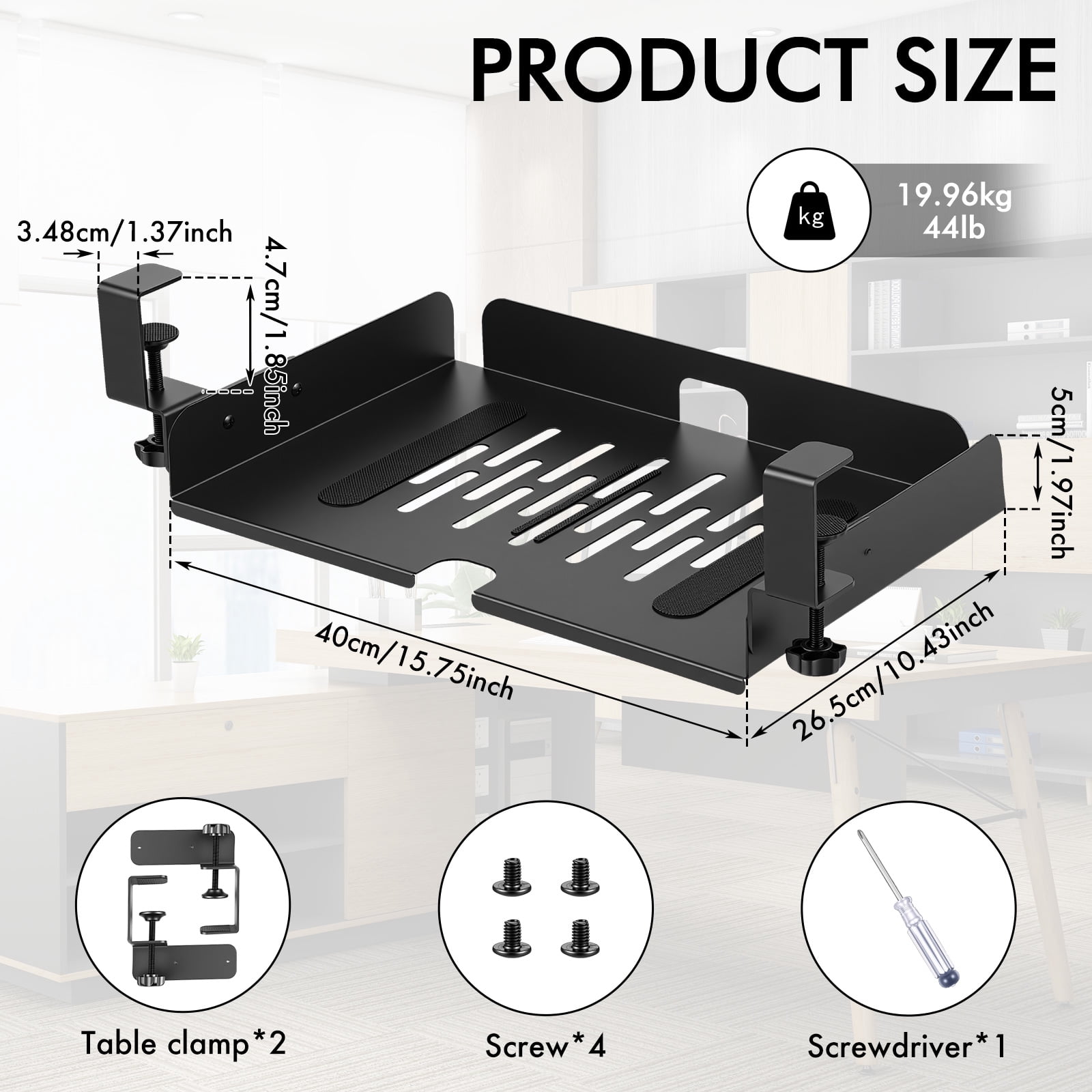 Grusce Under Desk Laptop Storage Shelf No Drill Metal Under Table Storage Tray with Cable Management and Clamp Mount Hold Up to 20 kg for Home Office Dorm