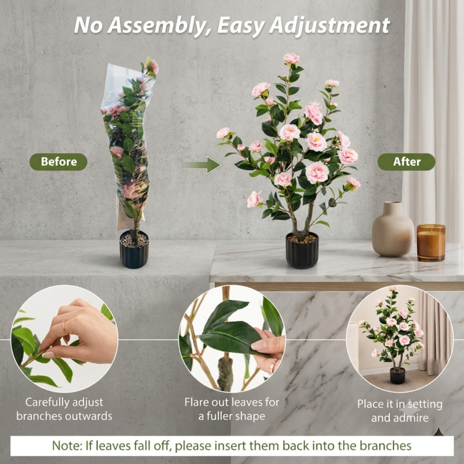 Vebreda Artificial Plant Decor, 38 Inch Artificial Camellia Tree Faux Flower Plant in Cement Pot, Gorgeous and Vivid Appearance