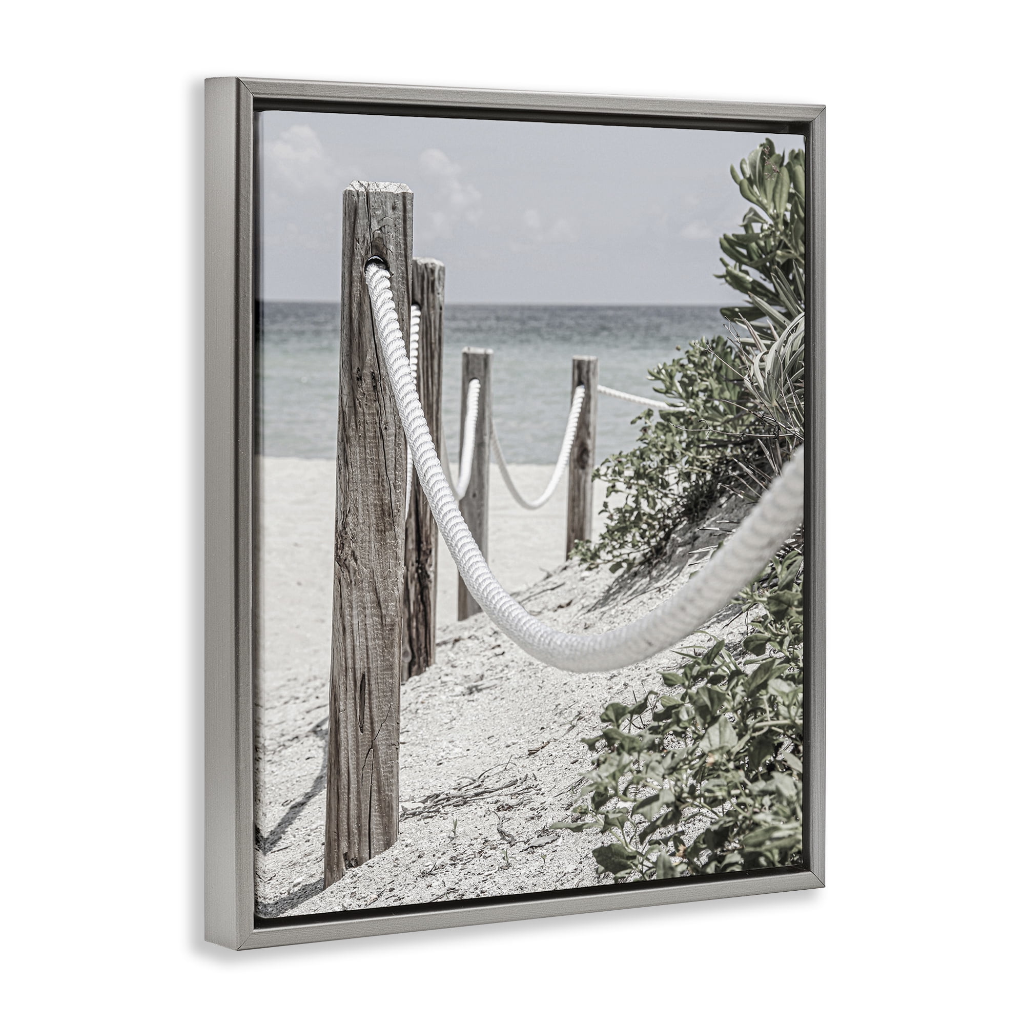 Stupell Industries Rope Fence Beach Landscape Photography Gray Floater Framed Canvas Art Print Wall Art, 25 x 31