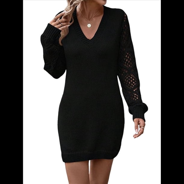 Suéter Ajustado de Crochet con Aberturas para Mujer, Vestido Sexy, Informal, Elegante, de Larga, con Cuello en V. Negro S