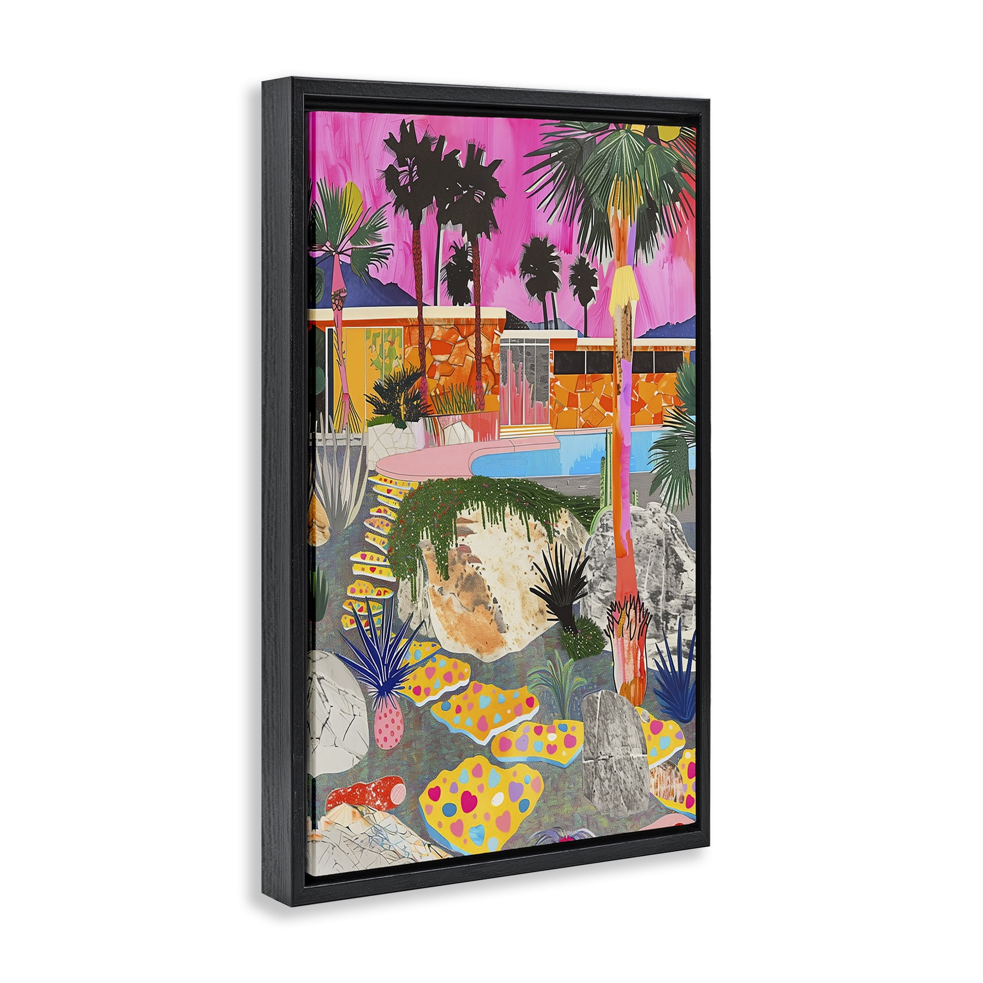 Stupell Industries Modern Tropical Villa Collage Abstract Painting Black Floater Framed Canvas Art Print Wall Art, 21 x 31