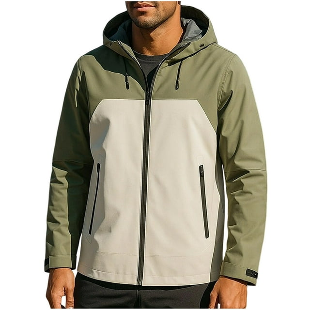 ShomPort Waterproof Jackets for Mens Long Sleeve Drawstring Color Block Zipper Hooded Coats Climbing Running Athletic Outcoats