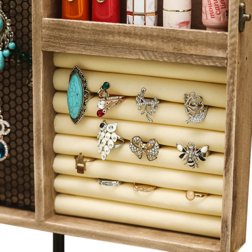 Private Jungle Wooden Jewelry Box With High-Grade Wall Barn Door Decoration, Jewelry Seat For Necklaces, Earrings, Bracelets, Rings - Brown