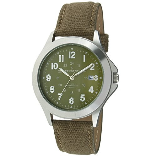 Peugeot Men Army Military Style Quartz Weekender Watch with 24-Hour Time Canvas Strap Band
