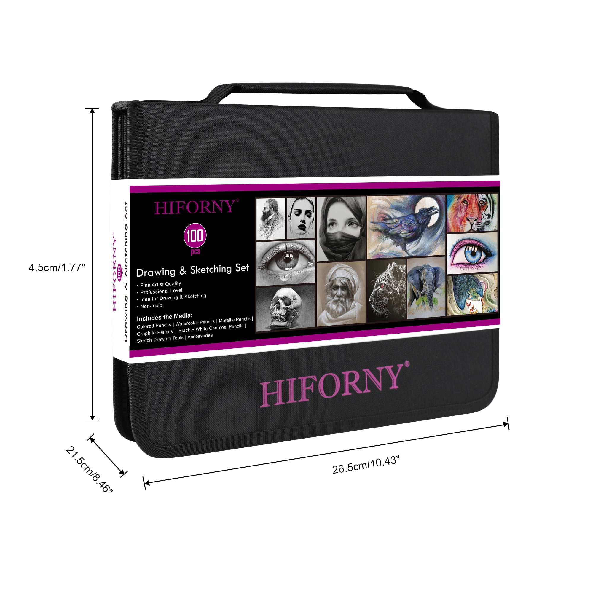 HIFORNY 100 PCS Drawing & Sketching Set, Professional Art Supplies with Graphite,Charcoal, Colored,Watercolor,Metallic Pencils,Blending Tools,Sketchbook and Coloring Book in Zipper Case（Black）