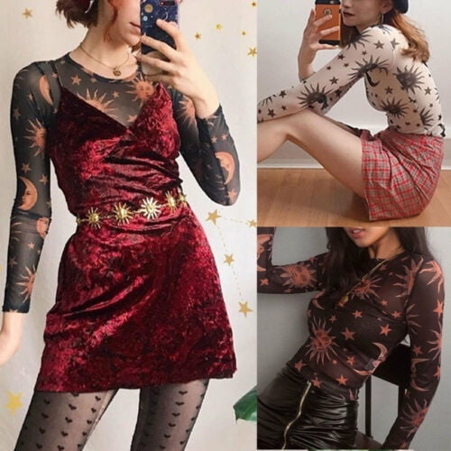 Women Sheer Mesh Fish Net Long Sleeve O Neck See Crop Top T Shirt Blouse