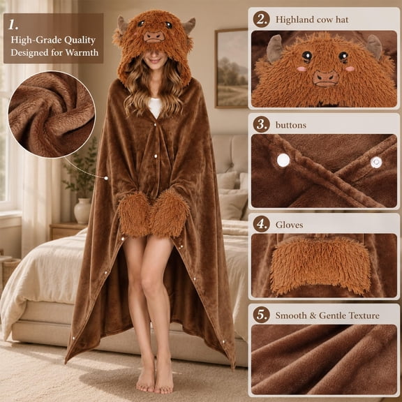 Wearable Highland Cow Blanket Hoodie Oversized Plush Cape Animal Design with Hood and Furry Details Perfect for Indoor Comfort