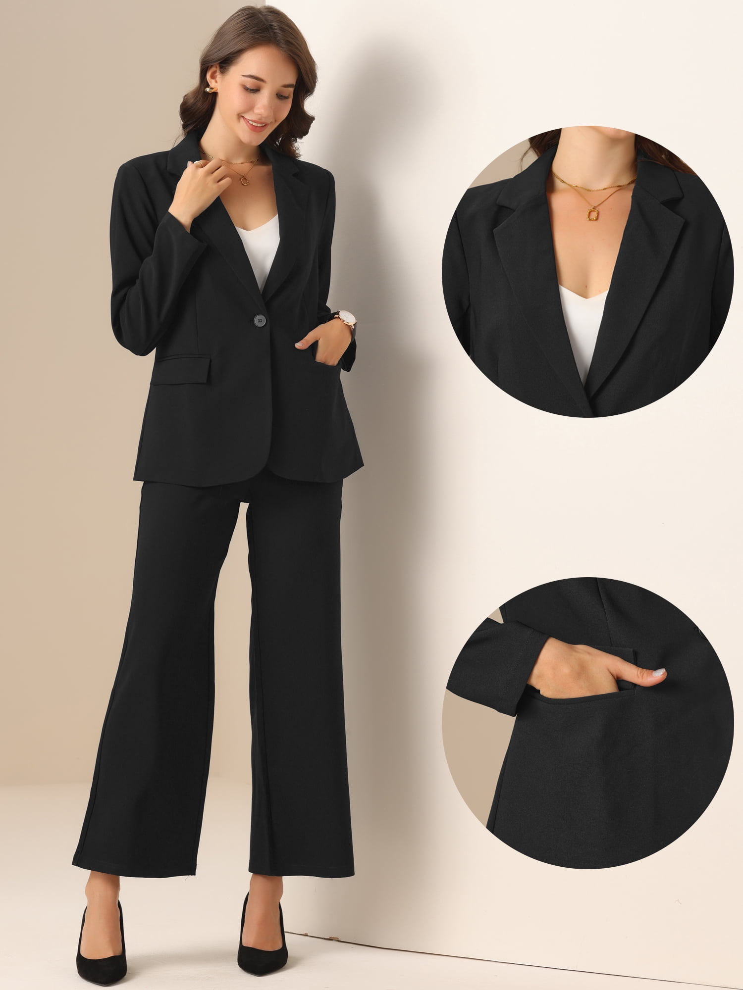DARING DIVA Women's Work Blazer Pants Set Business 2 Piece Outfits L Black