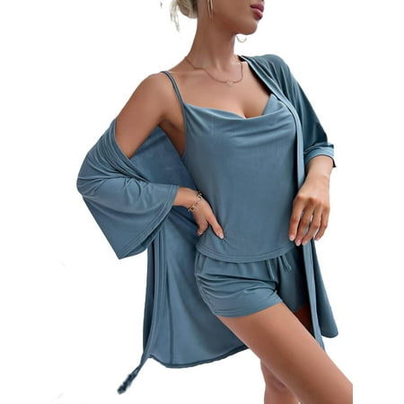

3pcs Casual Solid Spaghetti Strap Robe Sets 3/4 Sleeve Dusty Blue Womens Lounge Sets (Women s)