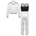 thumbnail image 2 of TiaoBug Kids Girls Shiny Metallic Bomber Jacket Coat Sports Pants Hip Hop Jazz Dance Crop Top Silver 8, 2 of 6