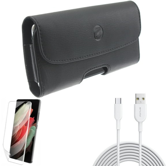 6ft USB-C Cable w Case Belt Clip w Matte Screen Protector for Samsung Galaxy S21 Plus - Type-C Fast Charger, Leather Holster, TPU Film Anti-Glare Accessory Bundle