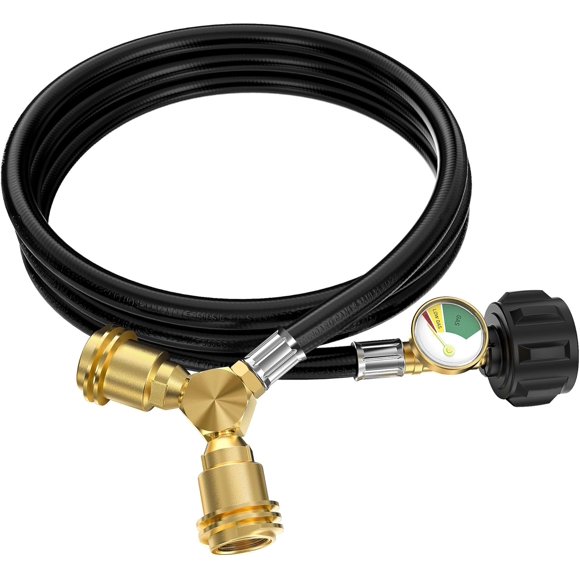 Propane Hose with Propane Splitter 2 Way, Hose Splitter with Gauge and Shut Off Valve, Propane Tank Y Splitter for 20lb Propane Tank, Heater, Camping Stove, Gas Burners