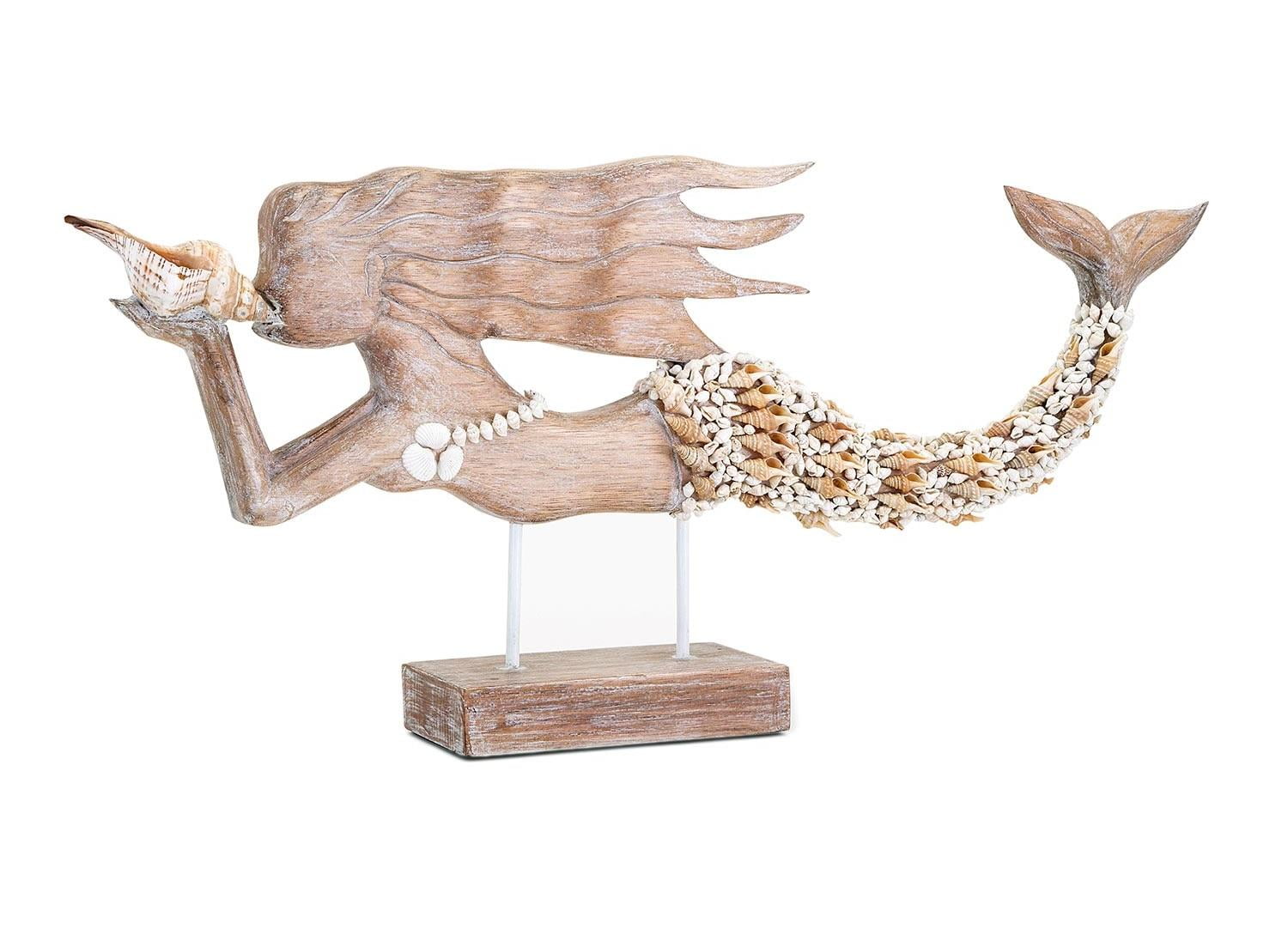 28" Decorative "Shelly" Mosaic Carved Wood and Seashell Mermaid