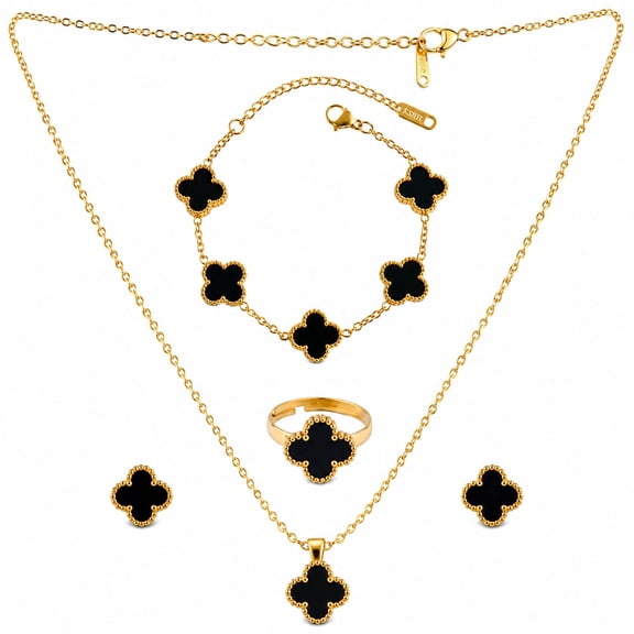 AL MARJAN 4-Piece Clover Jewelry Set, Stainless Steel Pendant Necklace, Stud Earrings, Bracelet and Ring, Matching Fashion Jewelry Set for Everyday Wear