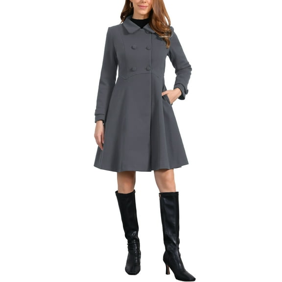 Allegra K Women's Vintage Solid A Line Double Breasted Collared Winter Overcoat M Dark Grey