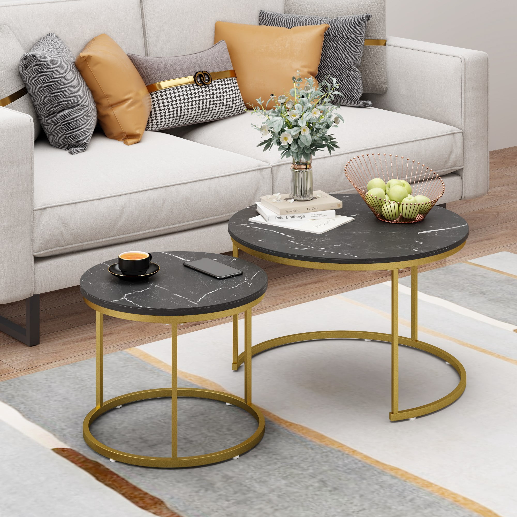 27.6in Nesting Coffee Table Set of 2, Round Coffee Table Wood Marble Pattern Top with Sturdy Metal Frame, End Table Side Tables for Living Room Bedroom Balcony Yard (Black)
