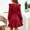 thumbnail image 5 of Girls Ruffle Dress Long Sleeve Crewneck Waist Belt Dress Kids Solid Color Casual Comfortable Outfits for Daily Wear Red 9-10 Years, 5 of 7