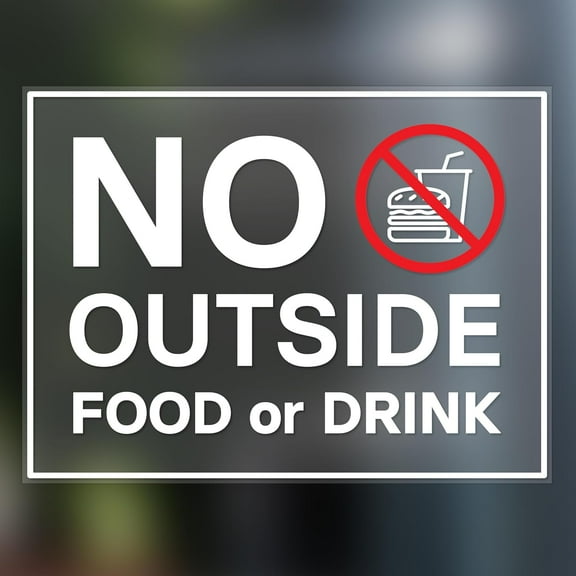 No Outside Food or Drink Sign, Clear Self Adhesive Vinyl Stickers, 8" x 6" (Pack of 2)