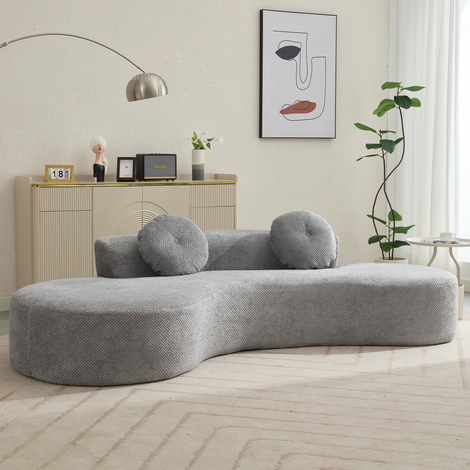 Aukfa 106" Curved Chaise Sofa Deep Seat Sofa for Living Room, 2 Pillows, Corduroy, Gray