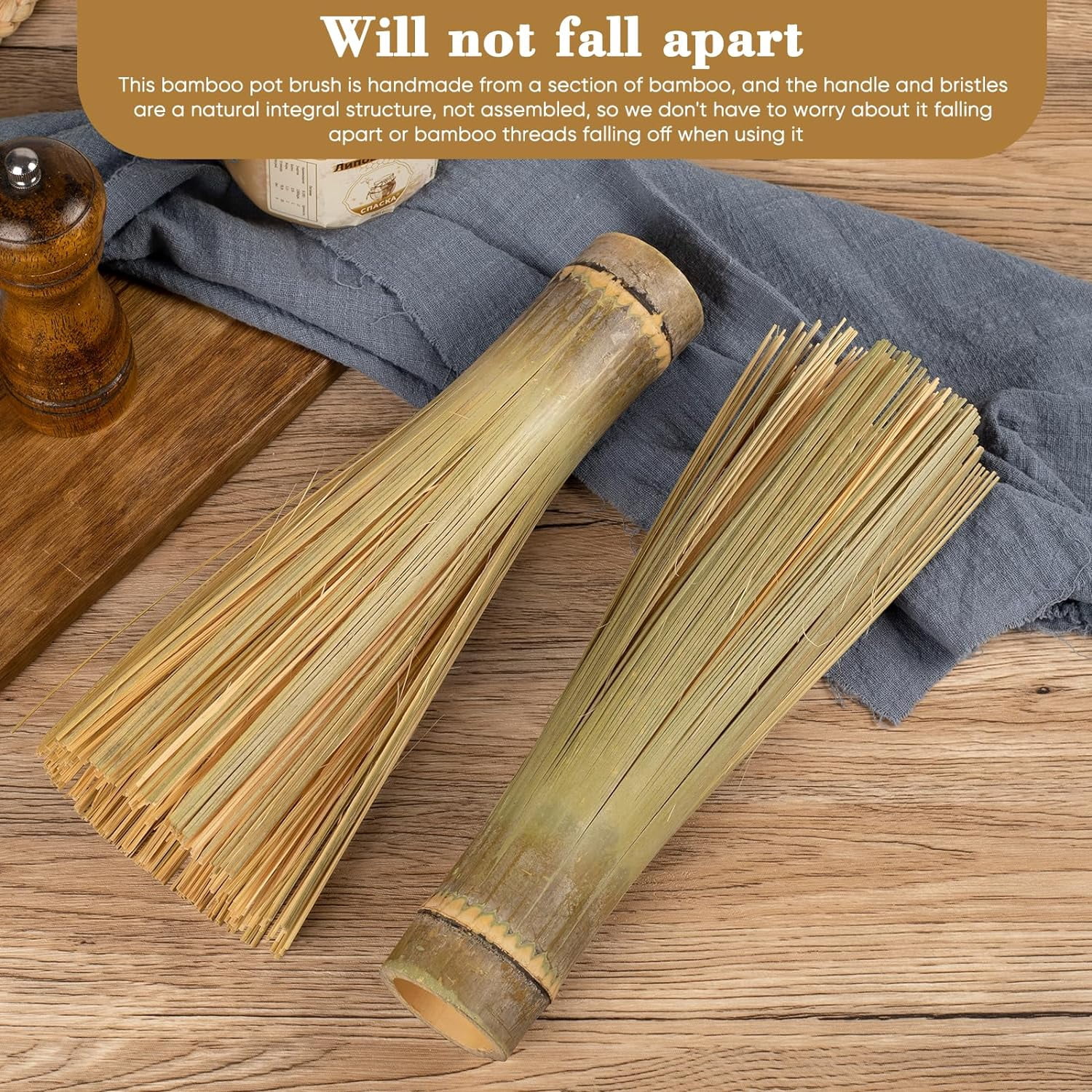 Bamboo Pot Brush,Traditional Natural Bamboo Wok Brush,Kitchen Cleaning Brush, Suitable for Cleaning Cast Iron Pots, Pans, Sinks, Trays, Basins, Barbecue Grills and Bathtubs, 2 Pack… (Small)