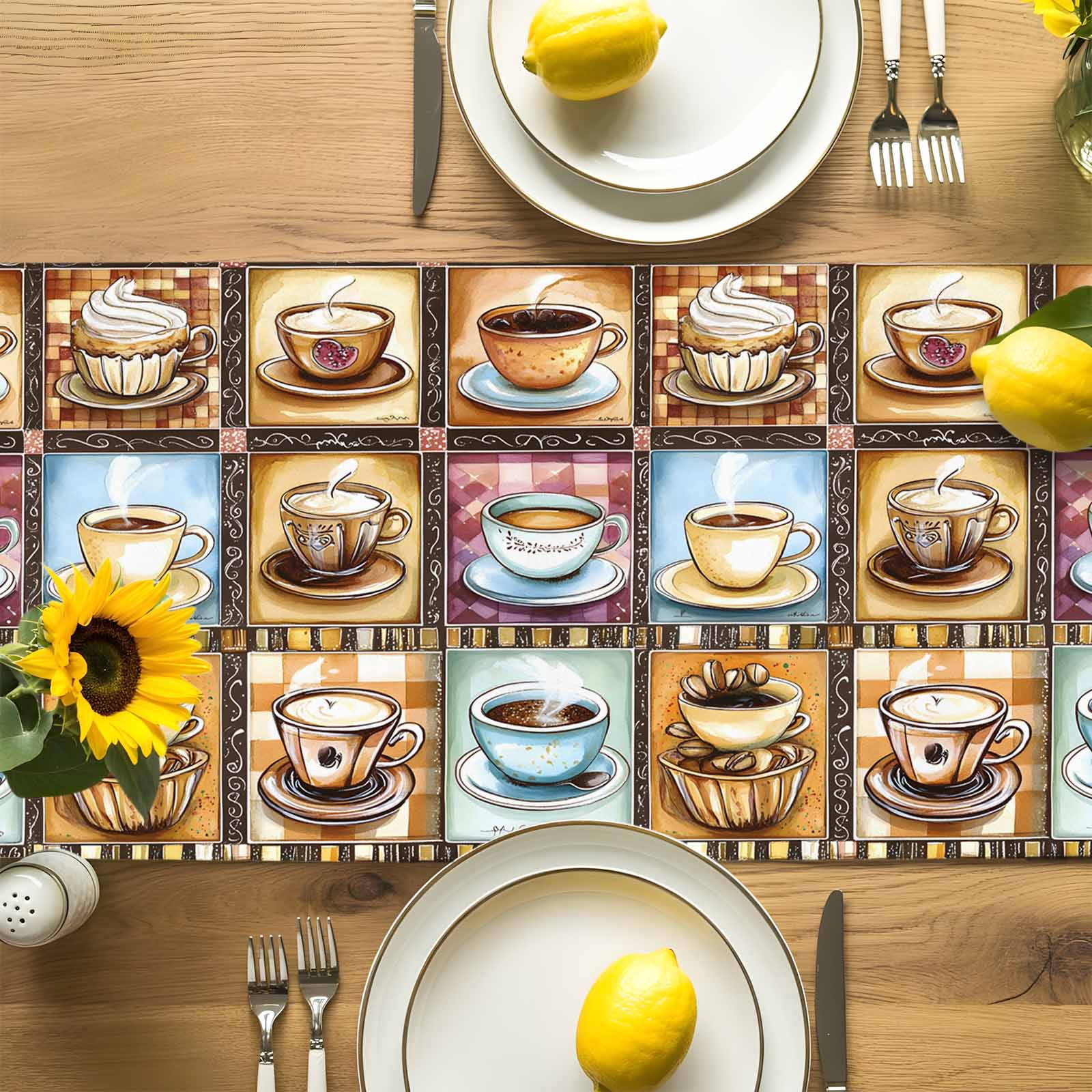 Coffee Cake Dessert Food Table Runner 90 Inches Long, Retro Collage Art Table Runners Tabletop Scarf Kitchen Dining Tables Decoration for Home Party Indoor Outdoor