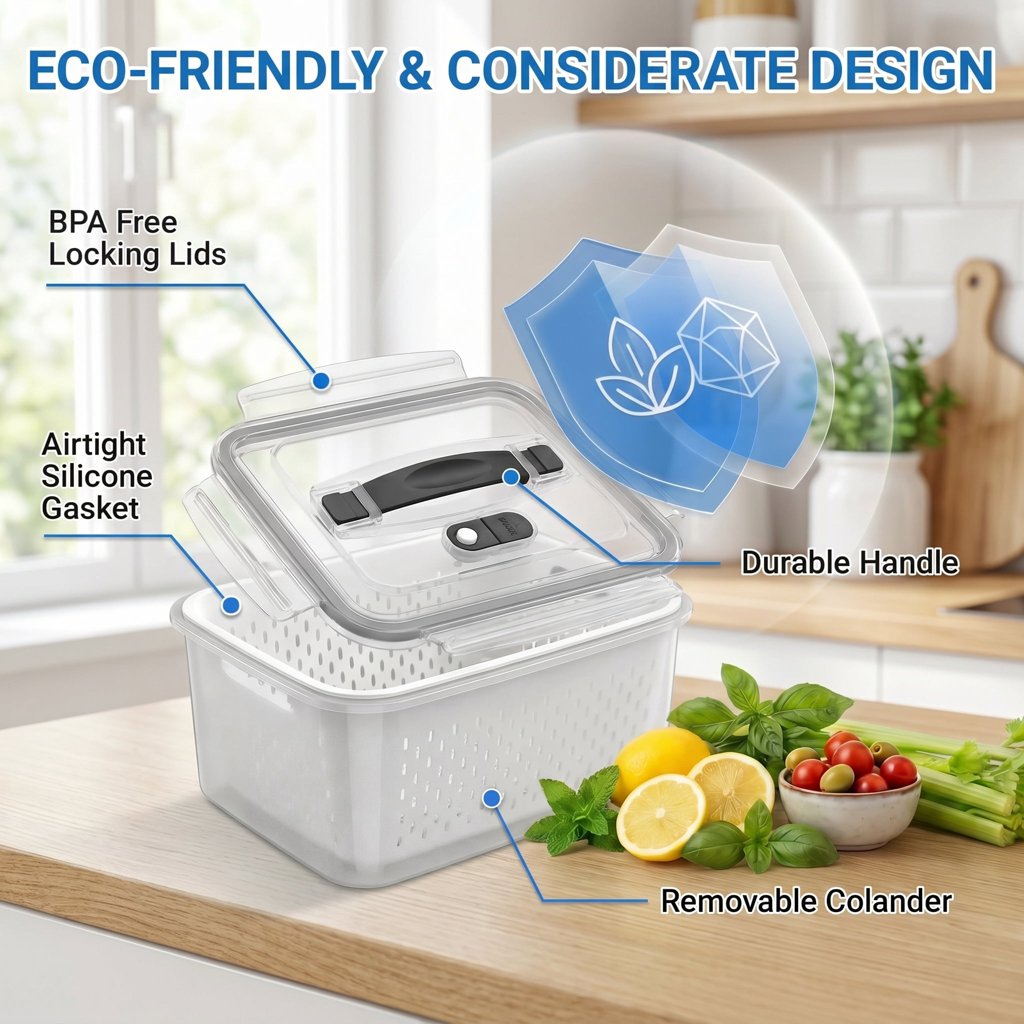 5-Pack Large Refrigerator Fruit Storage Containers with Handles, Leakproof Produce Saver with Removable Drain Colander