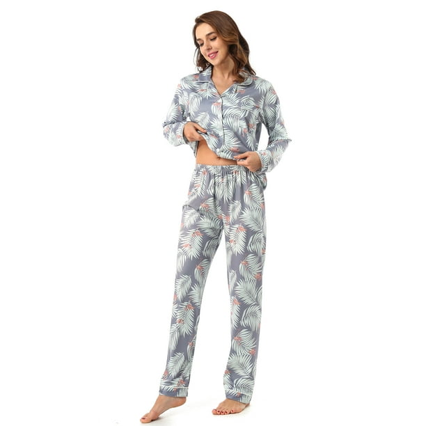 MintLimit Womens Pajamas Set Long Sleeve Sleepwear Floral Print Button Down  Nightwear Soft Pj Lounge Sets Gray L