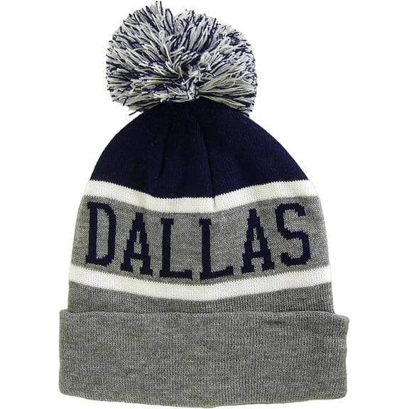 Dallas City Name Wide Stripe Winter Knit Pom Beanie Hat (Navy/Gray)