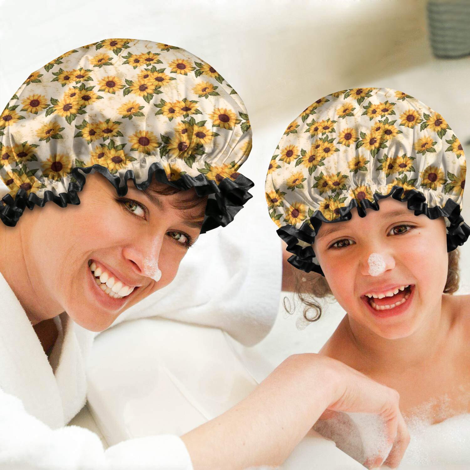 Shower Caps,Beige Sunflower Cluster Pattern Waterproof Shower Cap for Women 4 Pieces,Double Reusable Hair Cover for Shower PEVA Elastic Stretch Hem