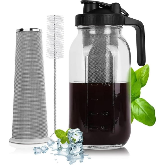 Cold Brew Coffee Maker - 64 Oz Heavy-Duty Glass Mason Jar Pitcher with Stainless Steel Filter, Leak-Proof Lid, Ergonomic Handle & Precision Pour Spout – Ideal for Iced Coffee, Tea, (Black)