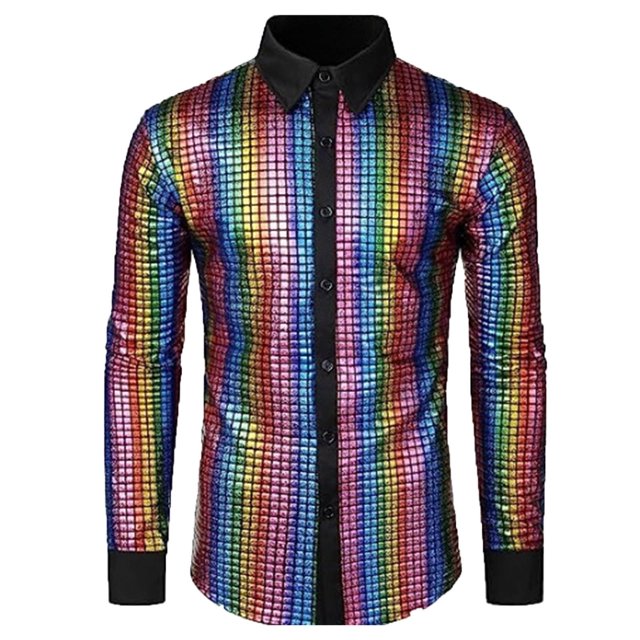 Seeotter Men Dress Shirt Sequins Long Sleeve Button Down Shirt Disco Party Nightclub Christmas Prom Costume