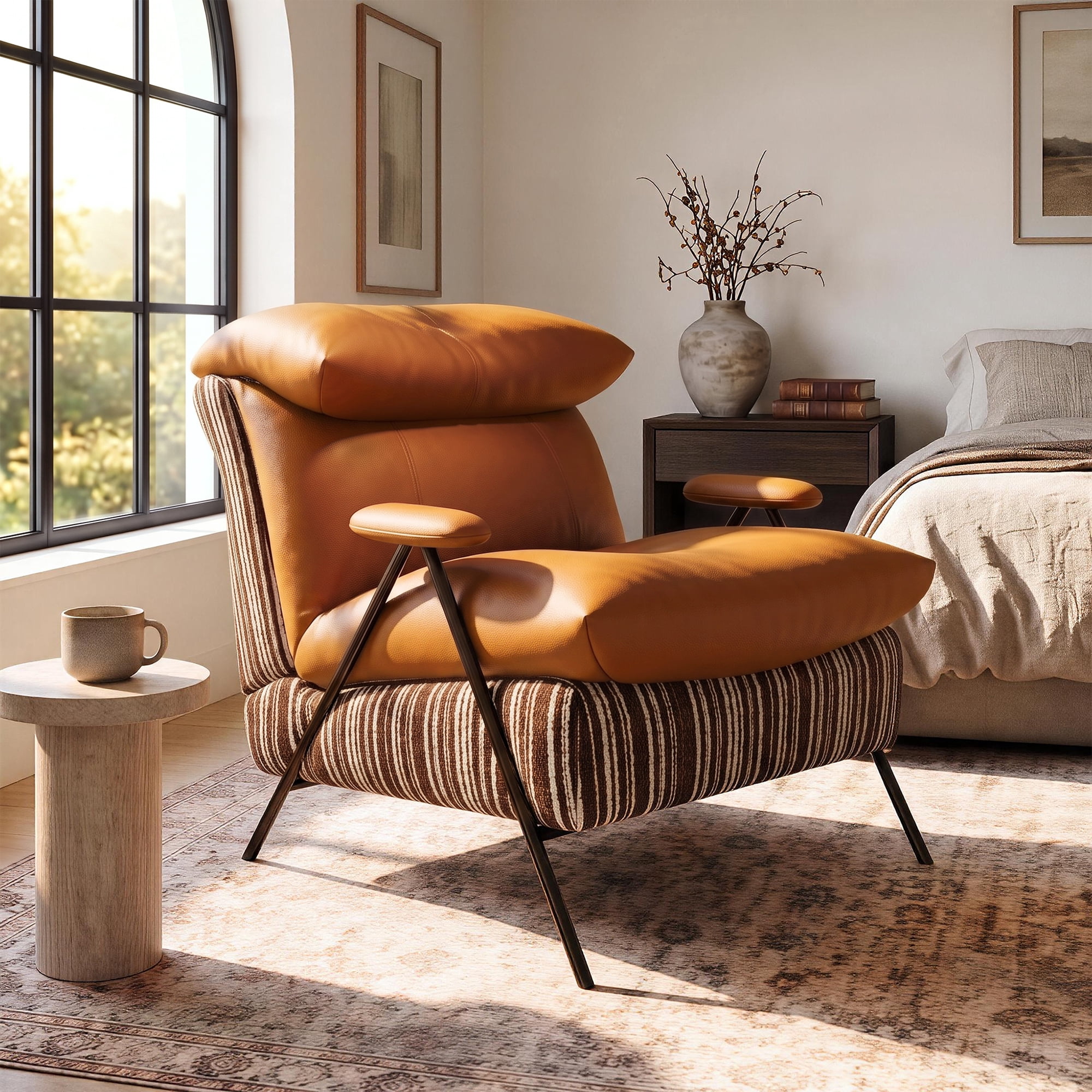 Aukfa PU Accent Chair, Modern Upholstered Armchair with Thick Padded Seat and Back for Living Room & Bedroom, Brown