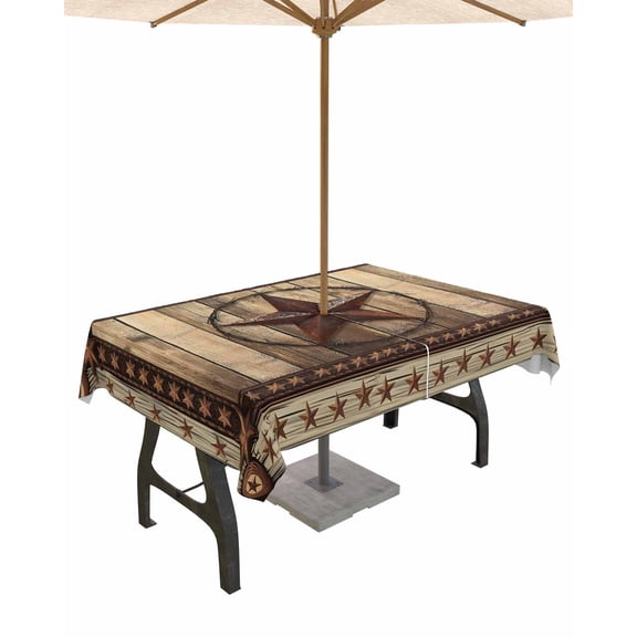 Hokiten Outdoor Tablecloths with Umbrella Hole & Zipper, Western Farmhouse Rectangle Tablecloth 52x70 Inch, Rustic Country Texas Star Retro Waterproof Table Cloth, Patio/Pool/Picnic Table Covers