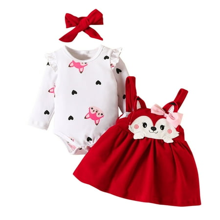 

wo-fusoul Toddler Girl s Set Printed Fly Sleeve Bodysuit + Bib Dress + Bow Tie 3 Piece Set Red 9 Months