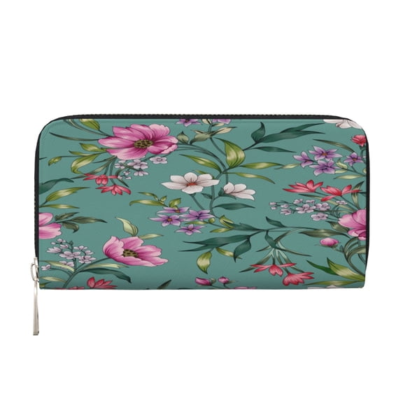 Leather Zipper Pocket Hand Wallet For Women And Men Travel Leather Purse Large Capacity Credit Card Holder Running Floral Pattern Wallpaper