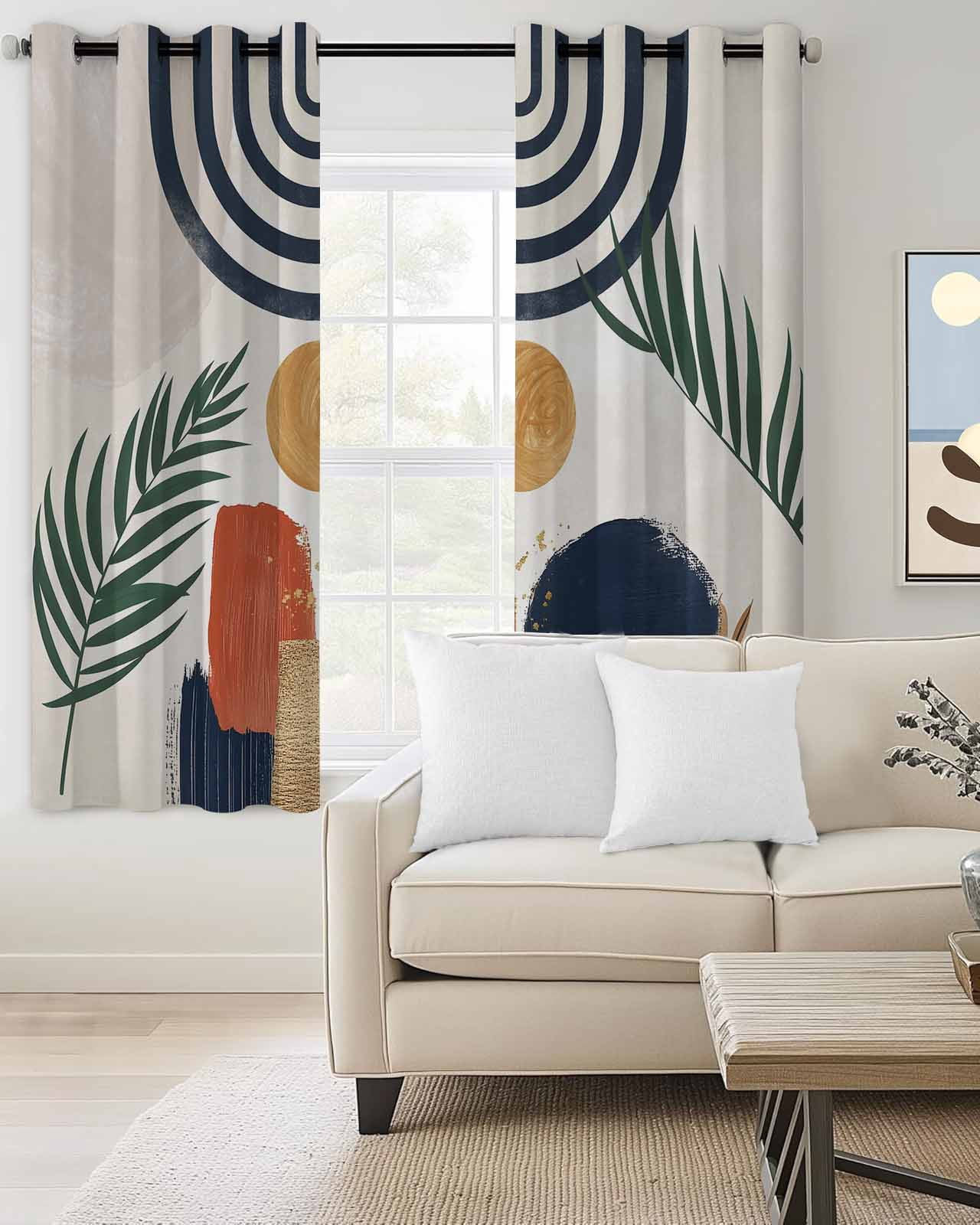 Boho Blackout Curtains, Light Blocking Print Window Curtains, Middle Century Leaves Bohemia Minimalist Abstract Art Beige Thermal Insulated Window Drapes for Living Room 2 Panels, 84"W x 84"L