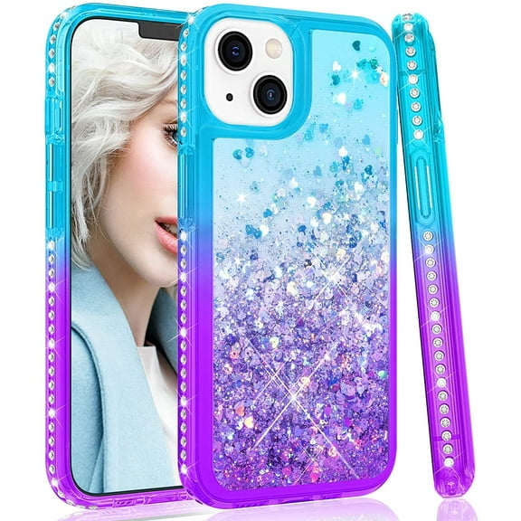 For Apple iPhone 13 (6.1") Gradient Quicksand Glitter Flowing Liquid Floating Bling Diamond TPU Rubber Hybrid Phone Case Cover by Xpression [Teal / Purple]