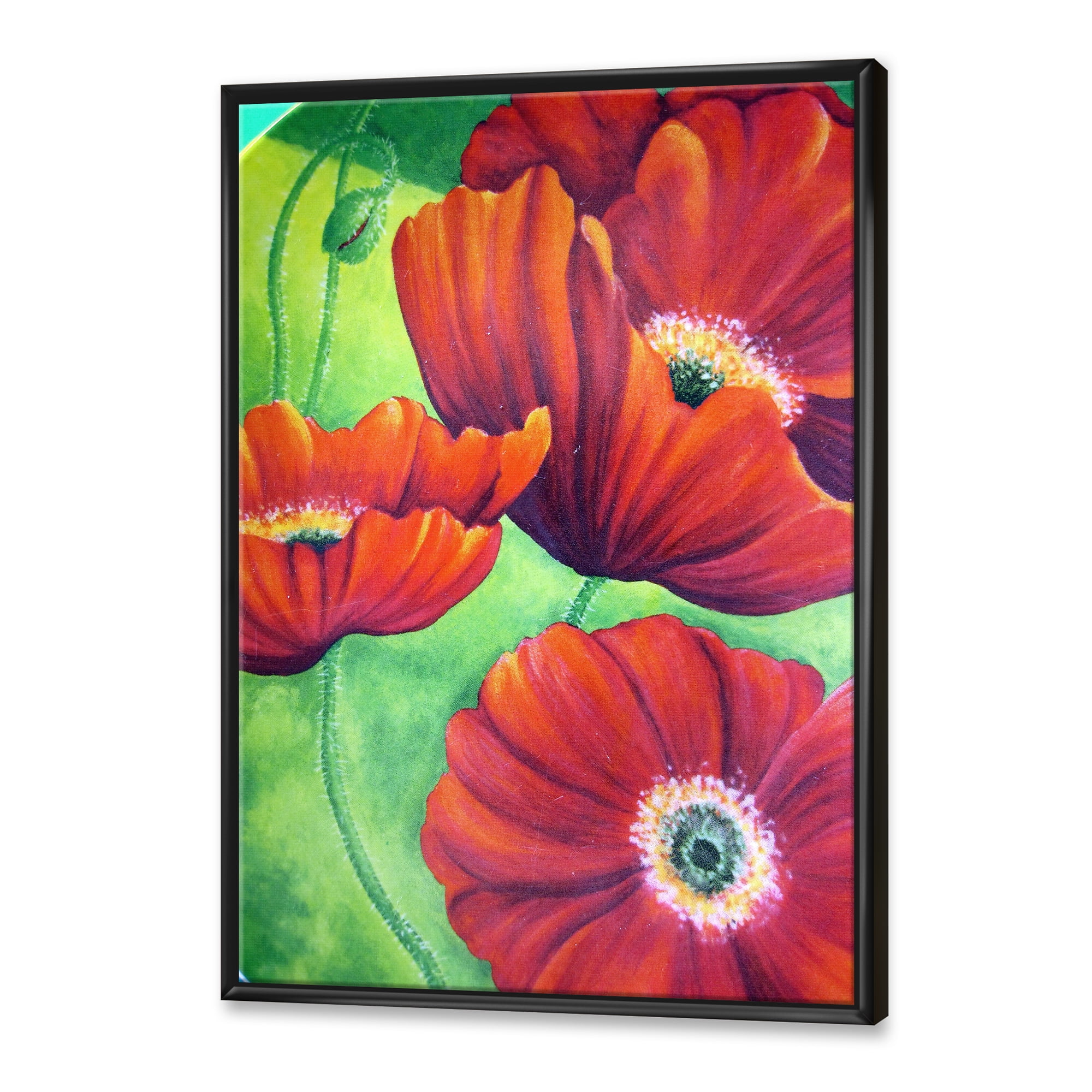Designart 'Red Blossoming Poppies Over Wild Green V' Traditional Framed Canvas Wall Art Print