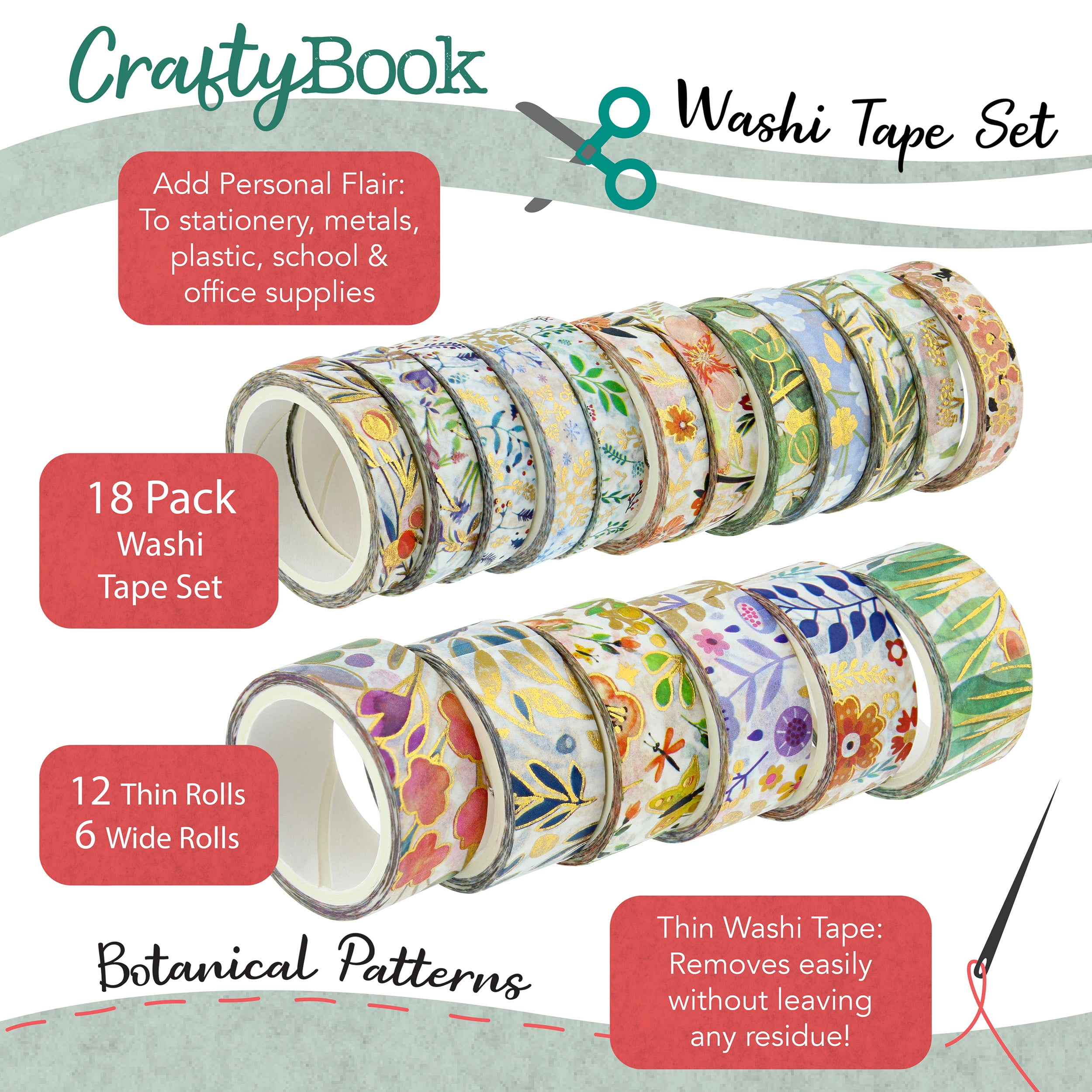 Craftybook Washi Tape Set - 18pc Floral Aesthetic Washi Tape for Journaling