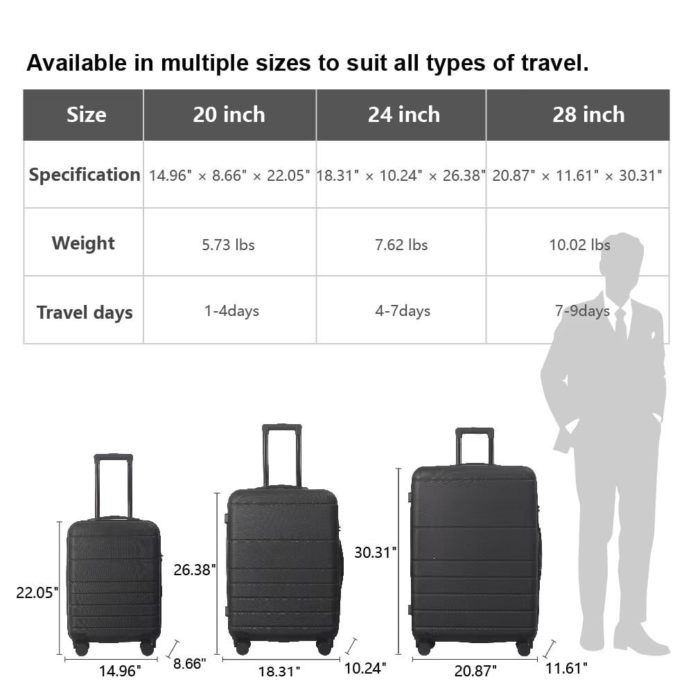 Avobird 3-Piece 20''24''28'' Hardshell Luggage Sets for Business, Trip, Lightweight Suitcase with Rolling Wheels TSA Lock & Moulded Corner, Black
