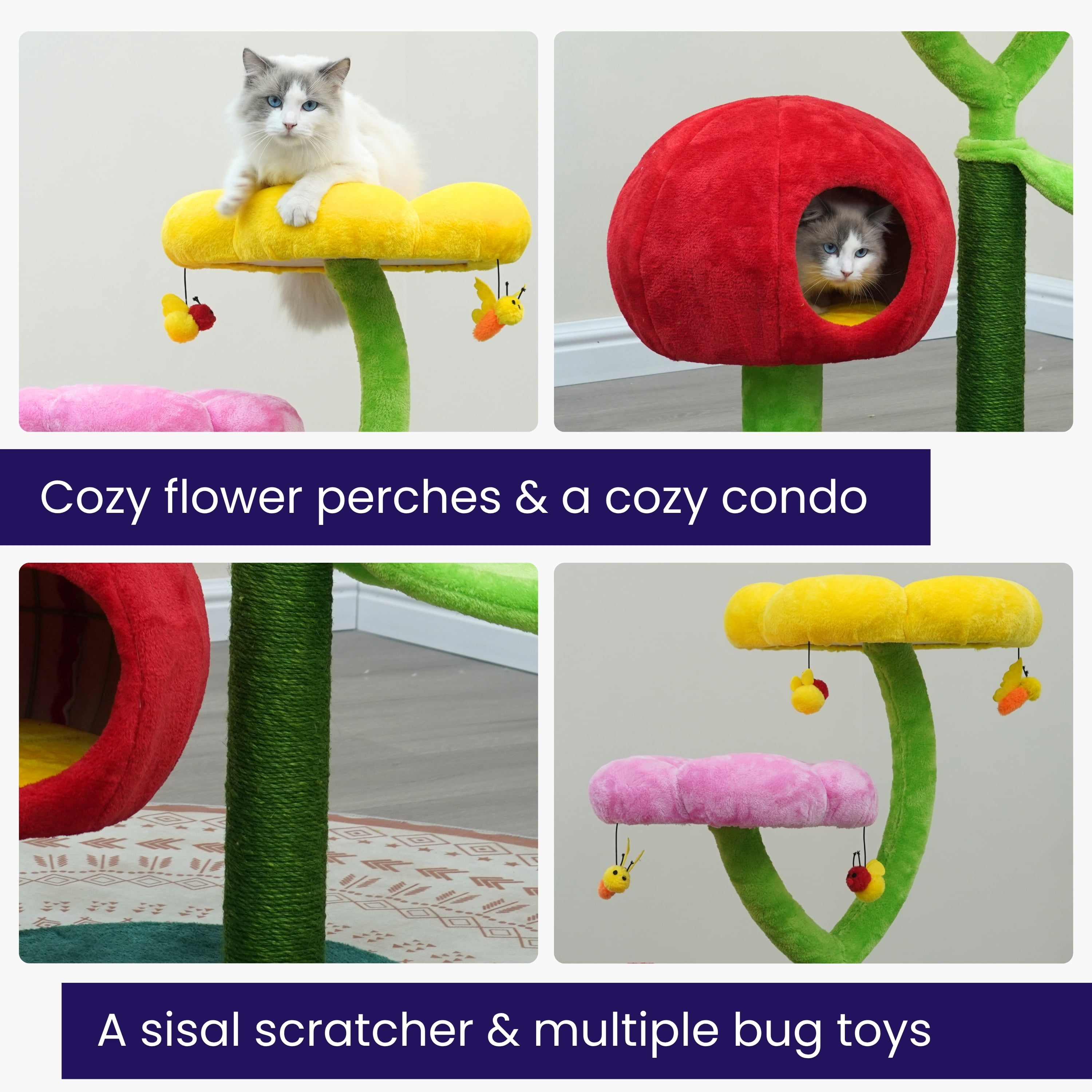 Catry Mushroom Flower Cat Tree with Hammock, Replaceable Sisal Scratching Post, Fruit Hideaway Condo