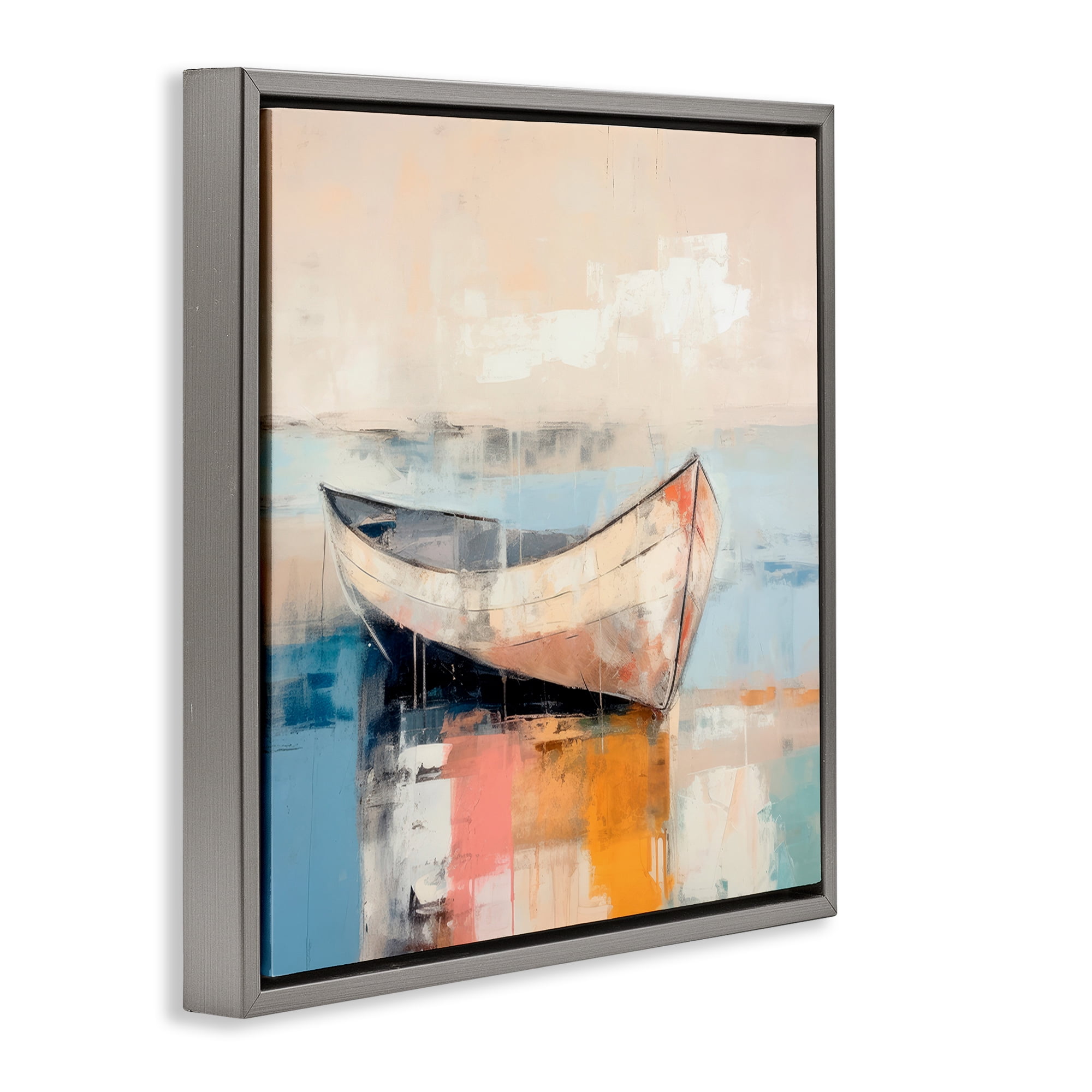 Stupell Industries Sunlit Boat Reflection Transportation Painting Gray Floater Framed Canvas Art Print Wall Art, 18 x 18