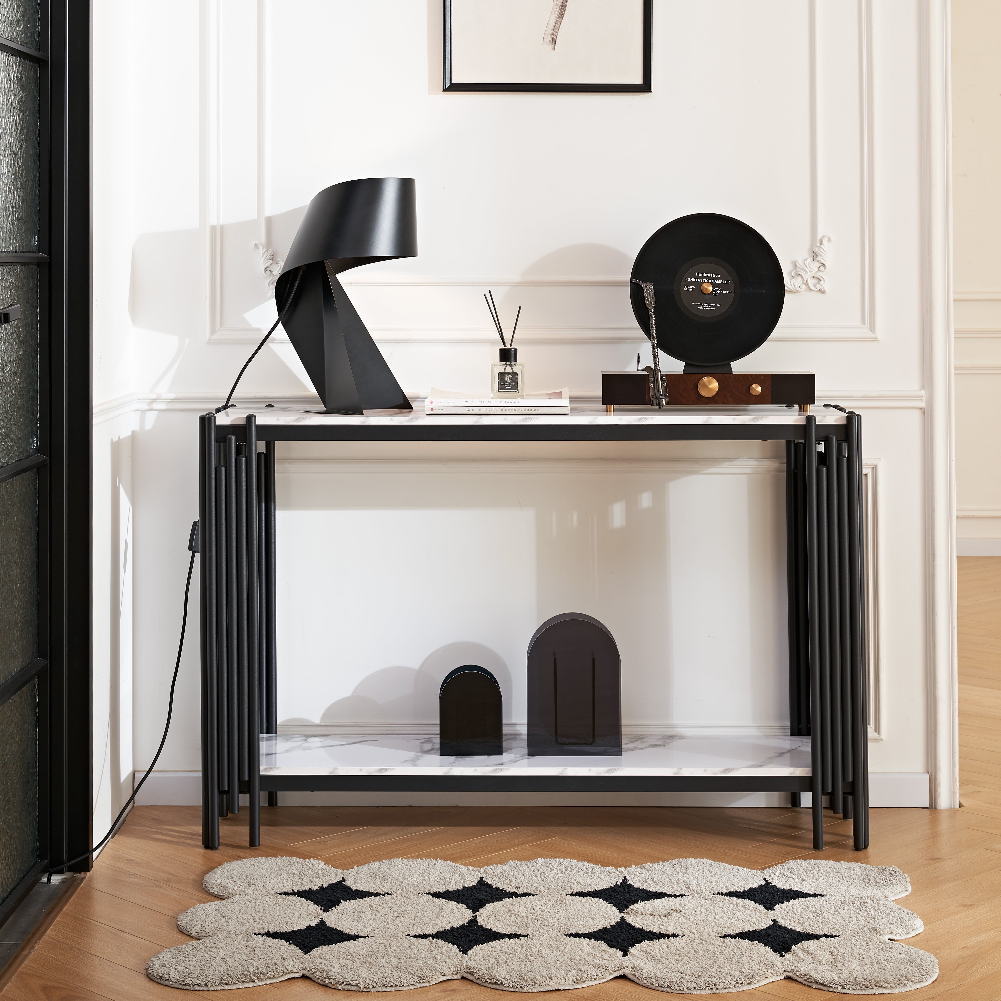 49'' 2 Tier Faux Marble Entryway Console Table, Living Room Sofa Entryway Console Table, Modern Narrow Entryway Table, Hallway Entrance Table, Adjustable Feet, for Entrance, Hallway, Black