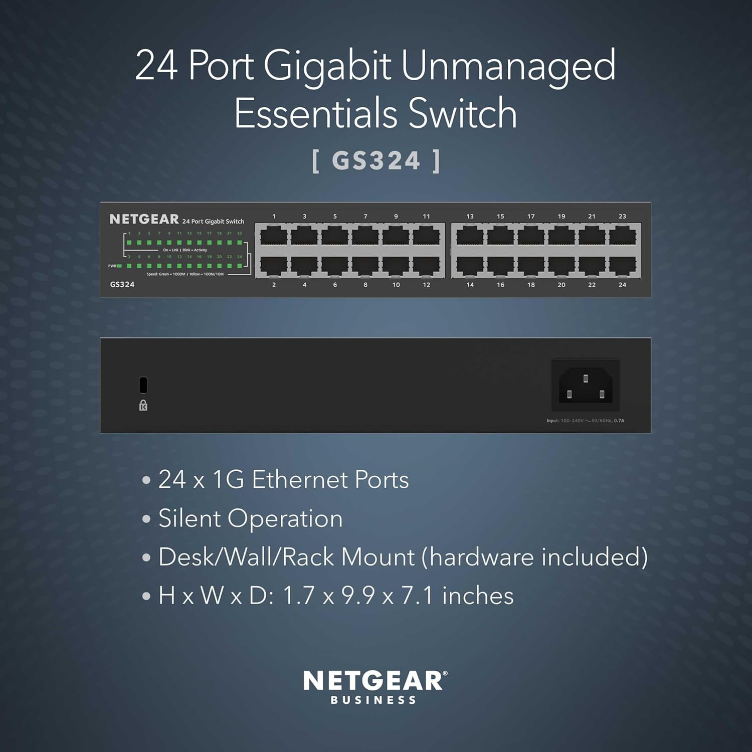 24-Port Gigabit Ethernet Unmanaged Essentials Switch (GS324) - Desktop, Wall, or Rackmount, Silent Operation