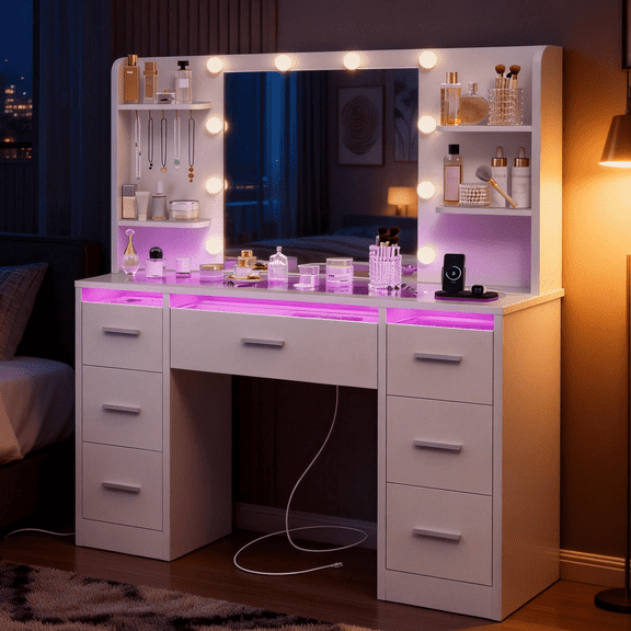 TEENFON Large Makeup Vanity Set with Mirror & Power Outlet, Makeup Vanity Desk with 7 Drawers, Vanity Table, Illuminated Acrylic drawers of the light up vanity , White