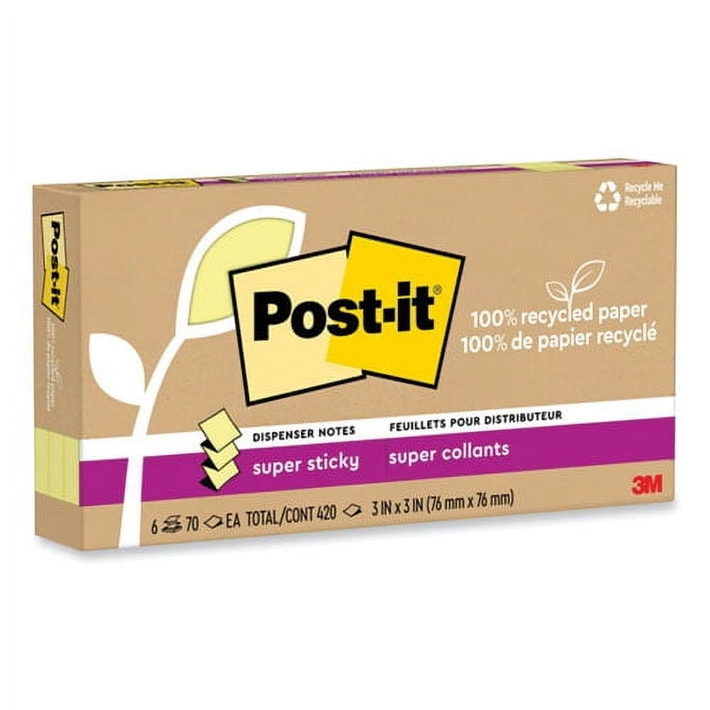 100% recycled paper super sticky notes, 3" x 3", canary yellow, 70 sheets/pad, 6 pads/pack | Bundle of 2 Packs