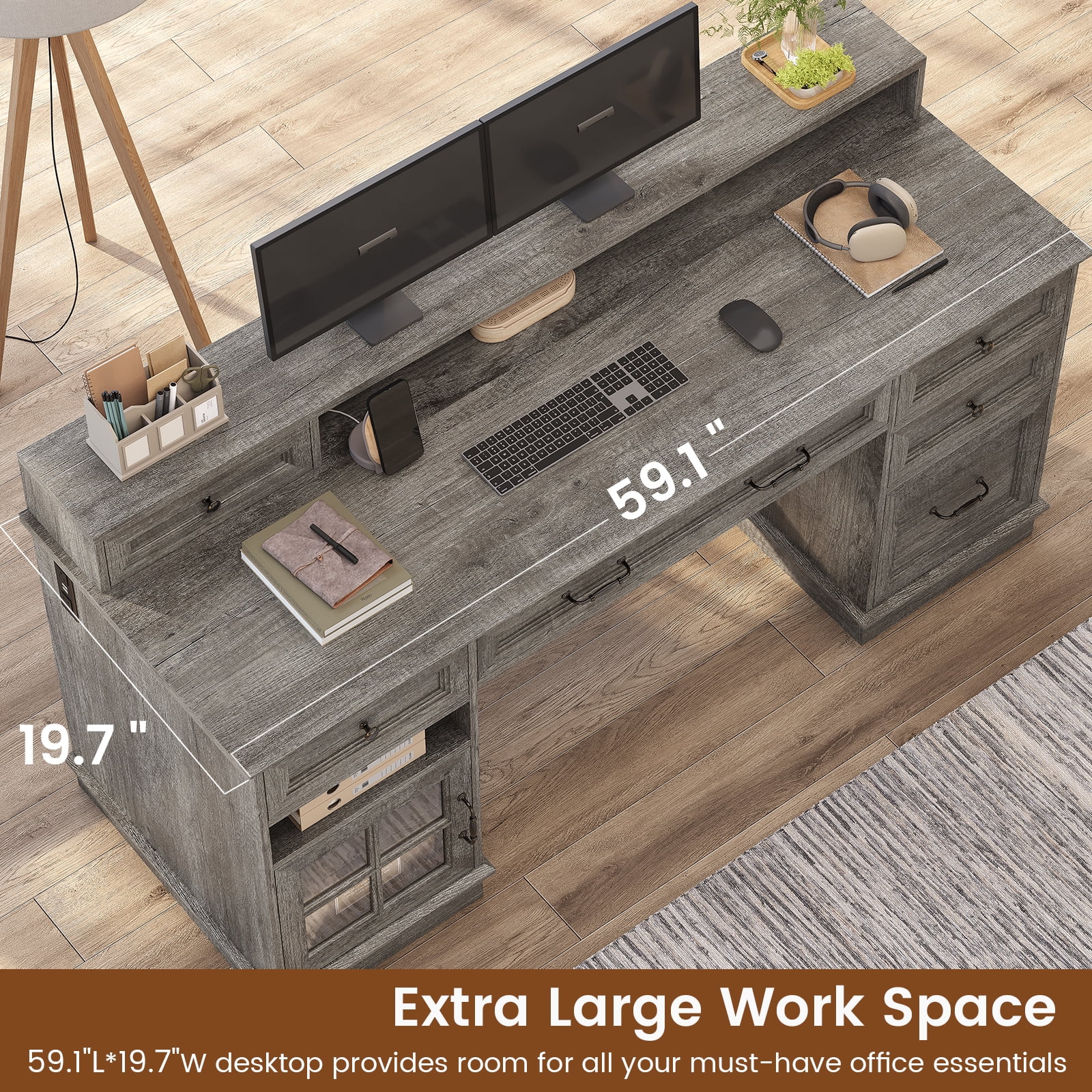 Toogaho Executive Desk with Drawers Computer Desk with File Drawers, Power Outlet and Led Lights,Farmhouse Office Desk with Storage Cabinet and Monitor Shelf for Home Office, Grey